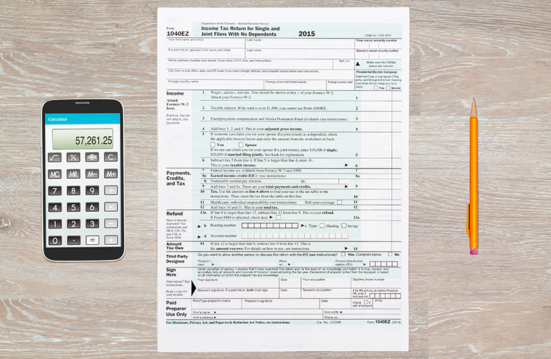 Graphic with a 1040EZ form and calculator.