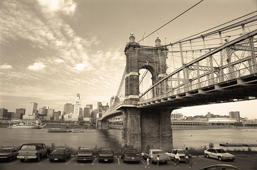 Cincinnati Skyline With John A. Roebling Suspension Bridge.