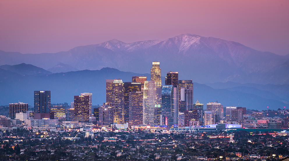 Downtown Los Angeles with Mount Baldy.