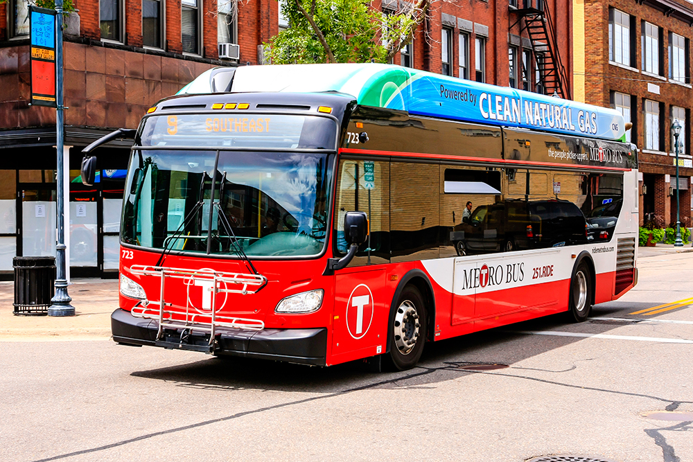 Red Metro Bus in Downtown St. Cloud, MN.