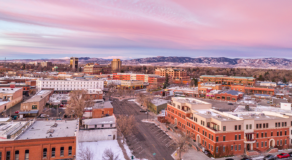 Aerial View of Downtown Fort Collins, Colorado.