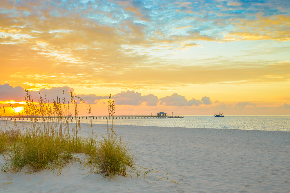 Gulfport Beach with Shrimp Boat.