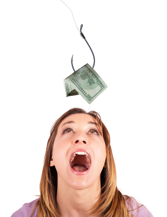 woman eating money on hook