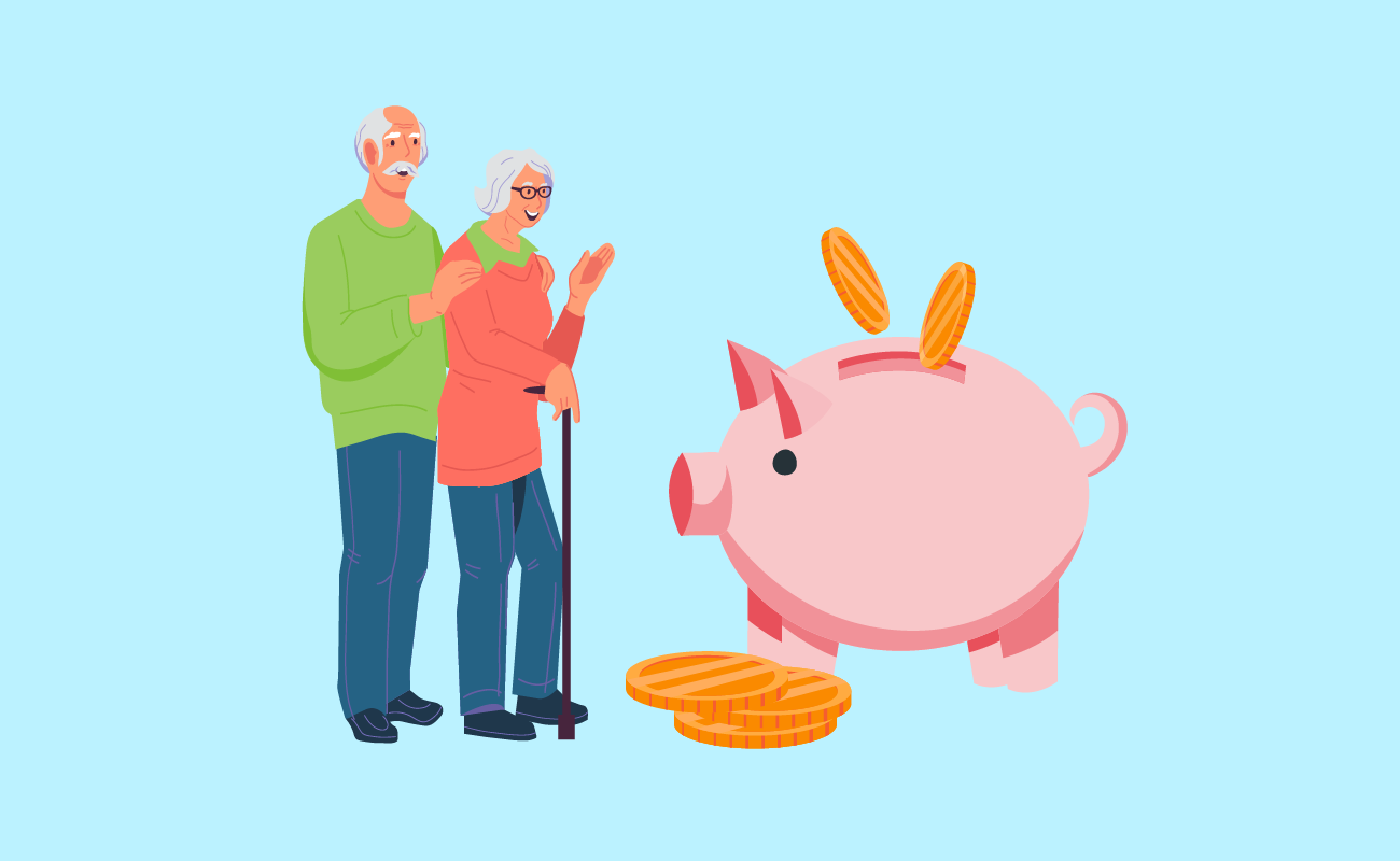 Old couple with piggybank savings.