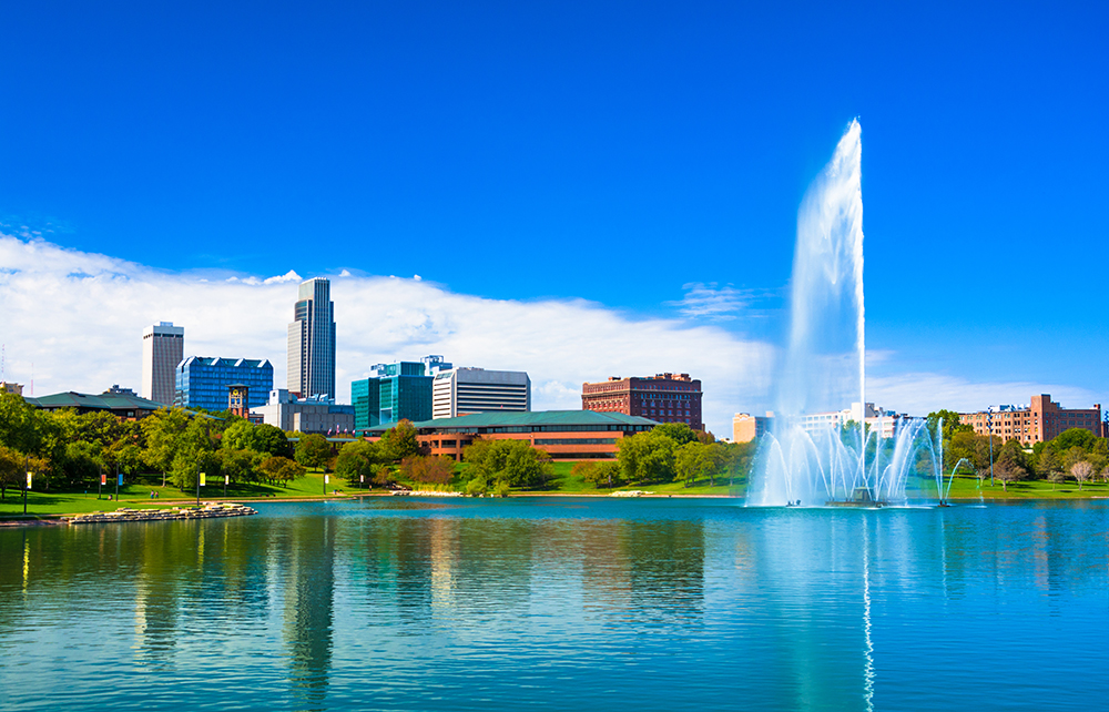 Omaha, Nebraska Skyline with Lake.