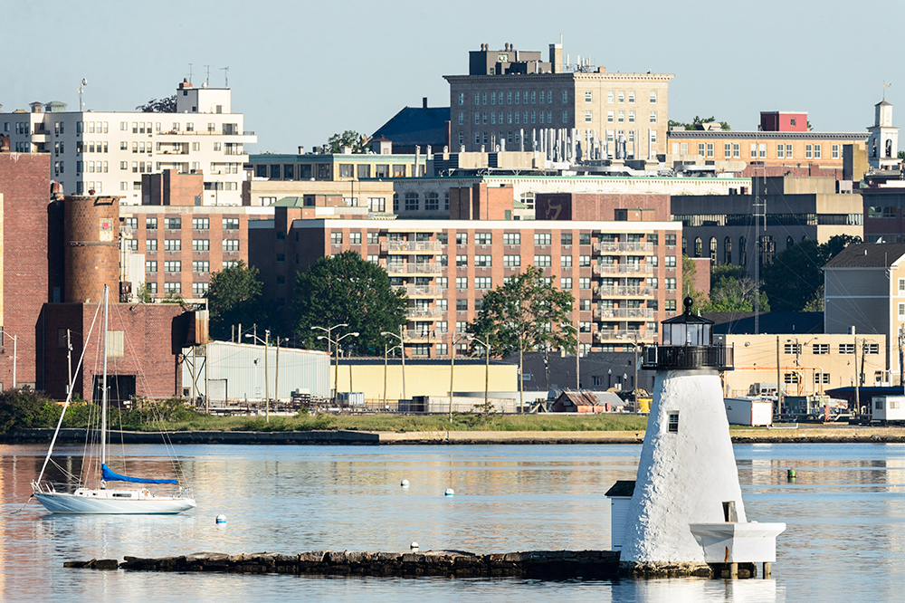 Palmer Island Lighthouse and New Bedford, Massachusetts Waterfront.