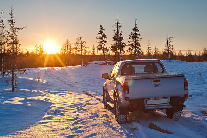 pickup truck in the woods at sunrise.