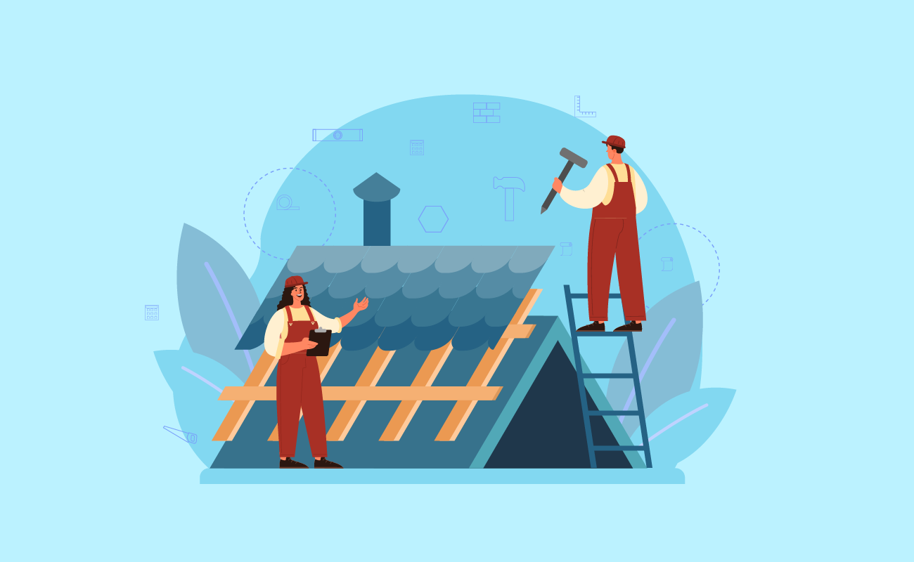 Vector illustration of two construction workers repairing a roof.